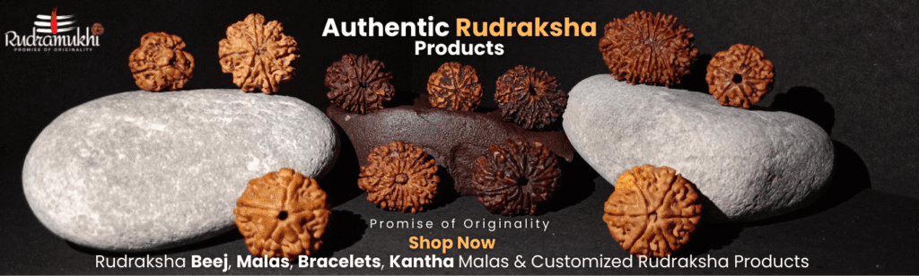 Authentic natural Rudraksha beads, malas, bracelets and Kantha malas displayed in Rudramukhi category banner