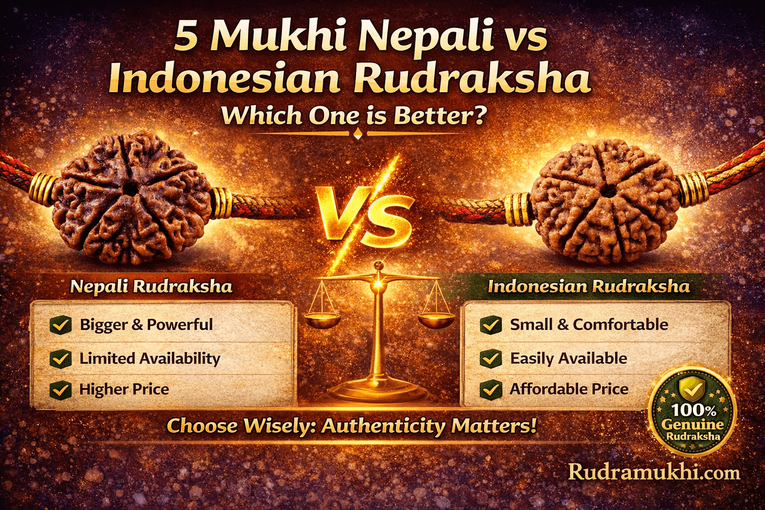 5 Mukhi Nepali vs Indonesian Rudraksha comparison showing size benefits and which is better to choose
