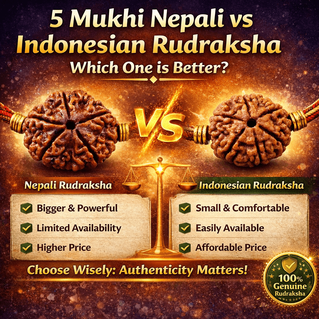 5 Mukhi Nepali vs Indonesian Rudraksha comparison showing size benefits and which is better to choose