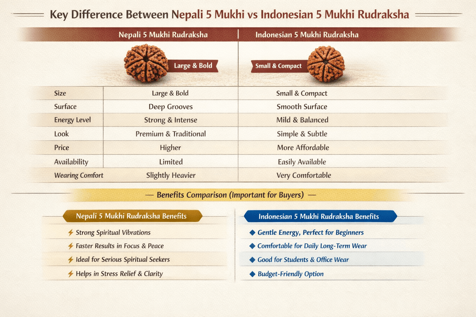 key differences between nepali and indonesian 5 mukhi rudraksha size energy benefits comparison infographic