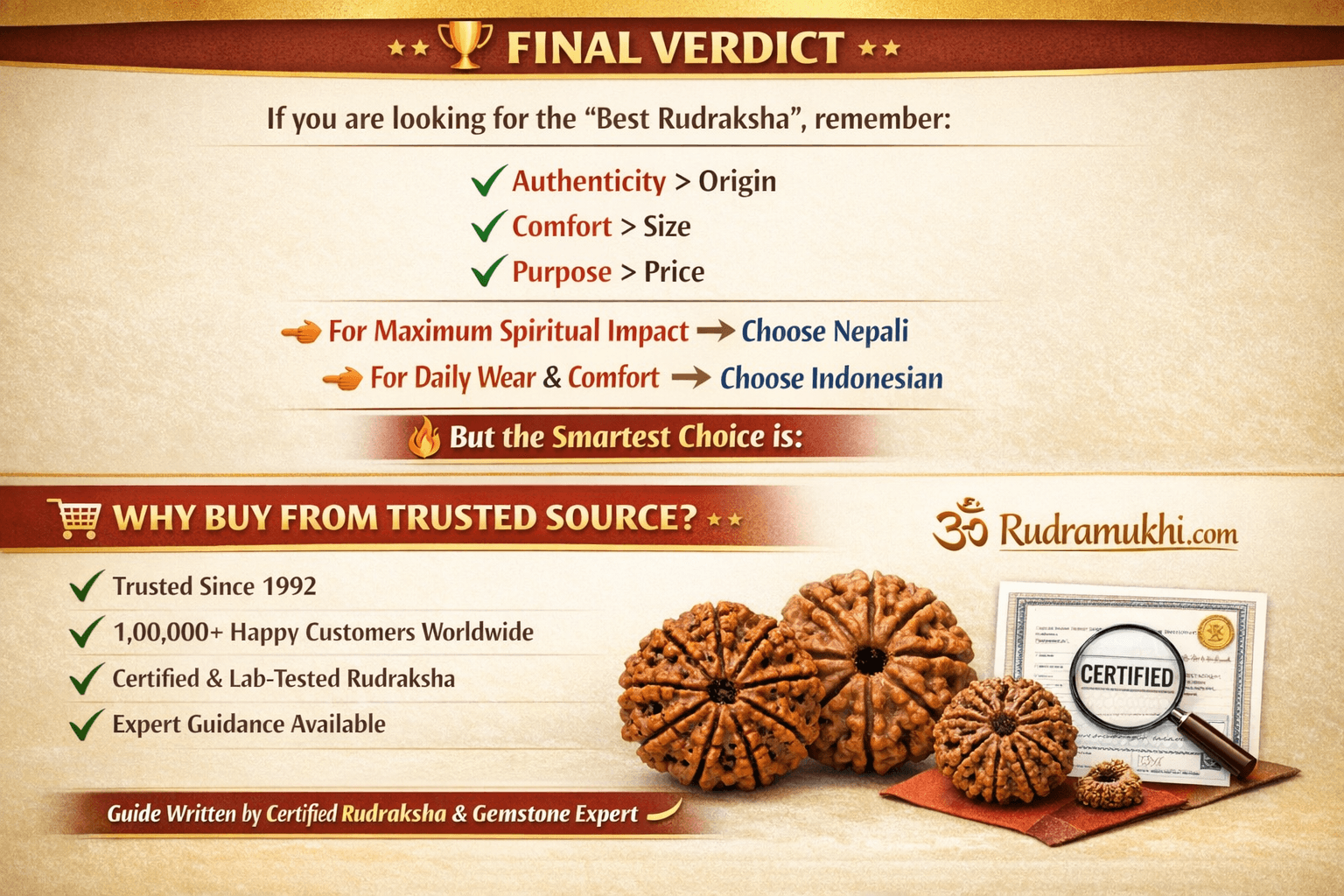 5 mukhi rudraksha final verdict authenticity vs origin nepali vs indonesian buying guide trusted source infographic