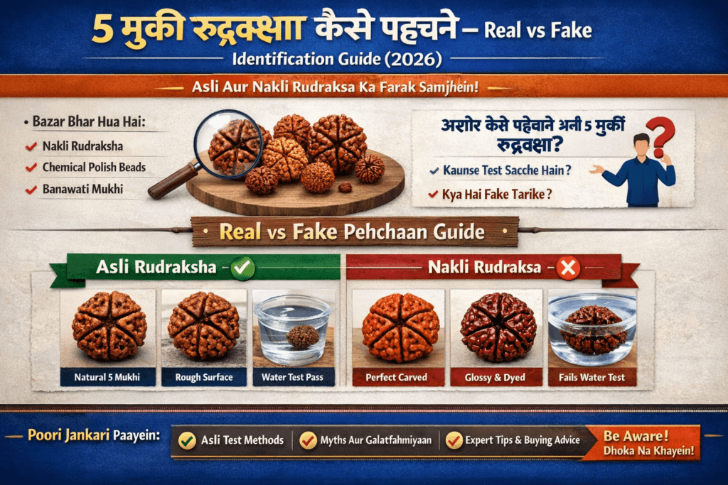 how to identify original 5 mukhi rudraksha real vs fake comparison guide with testing methods infographic