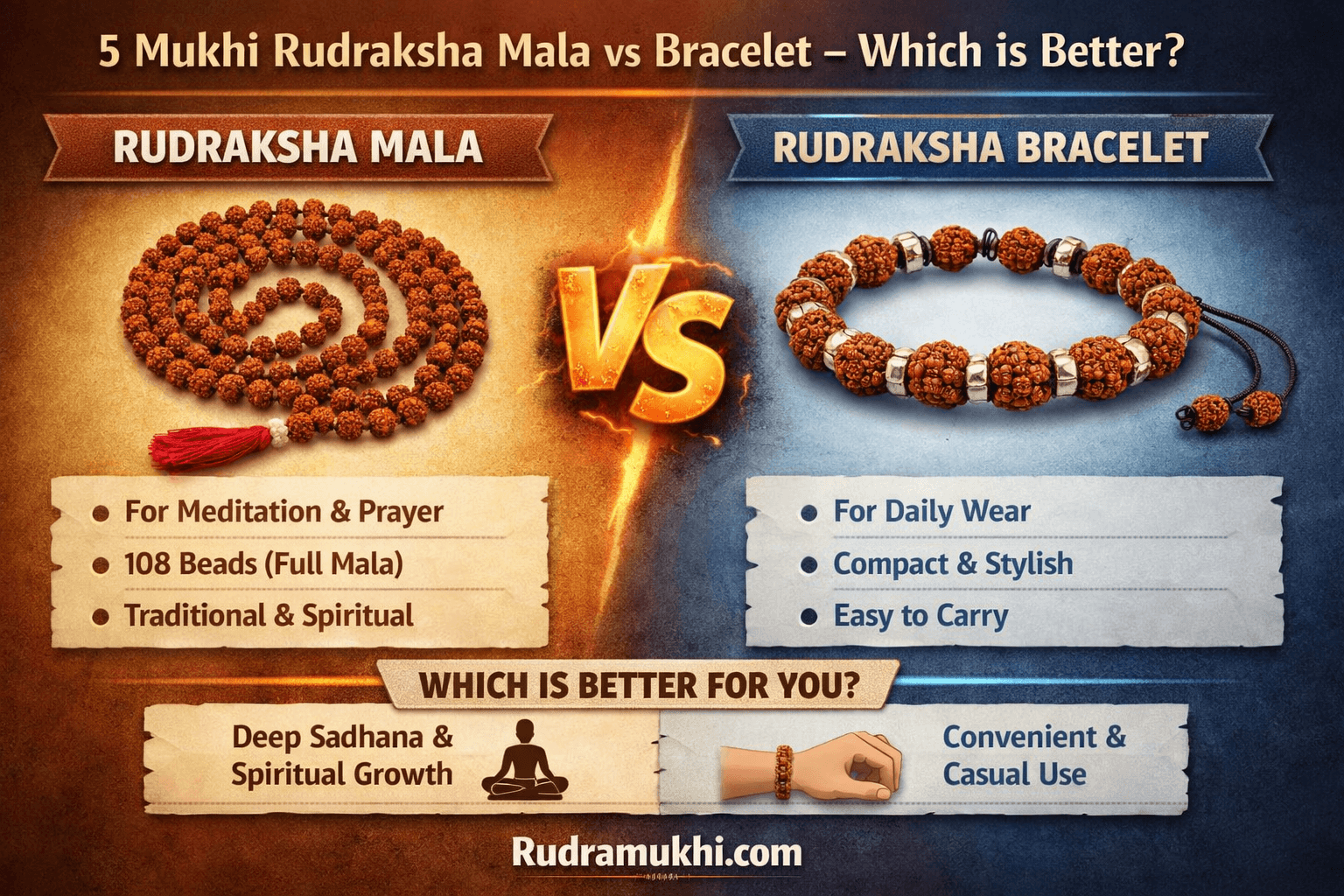 5 mukhi rudraksha mala vs bracelet comparison showing benefits, usage and which is better for meditation or daily wear – Rudramukhi.com
