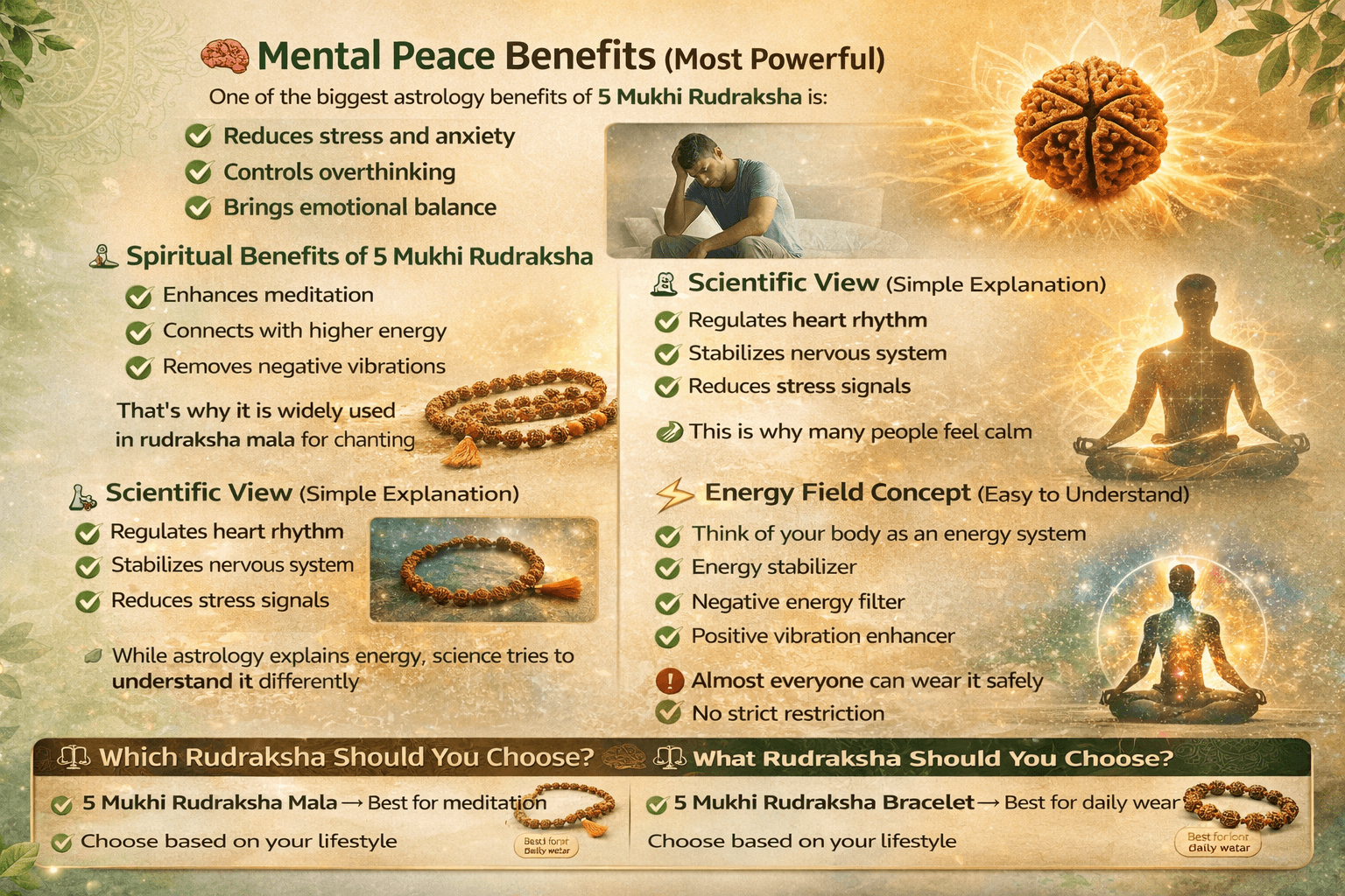 5 mukhi rudraksha benefits for mental peace spiritual growth scientific effects and energy balance infographic