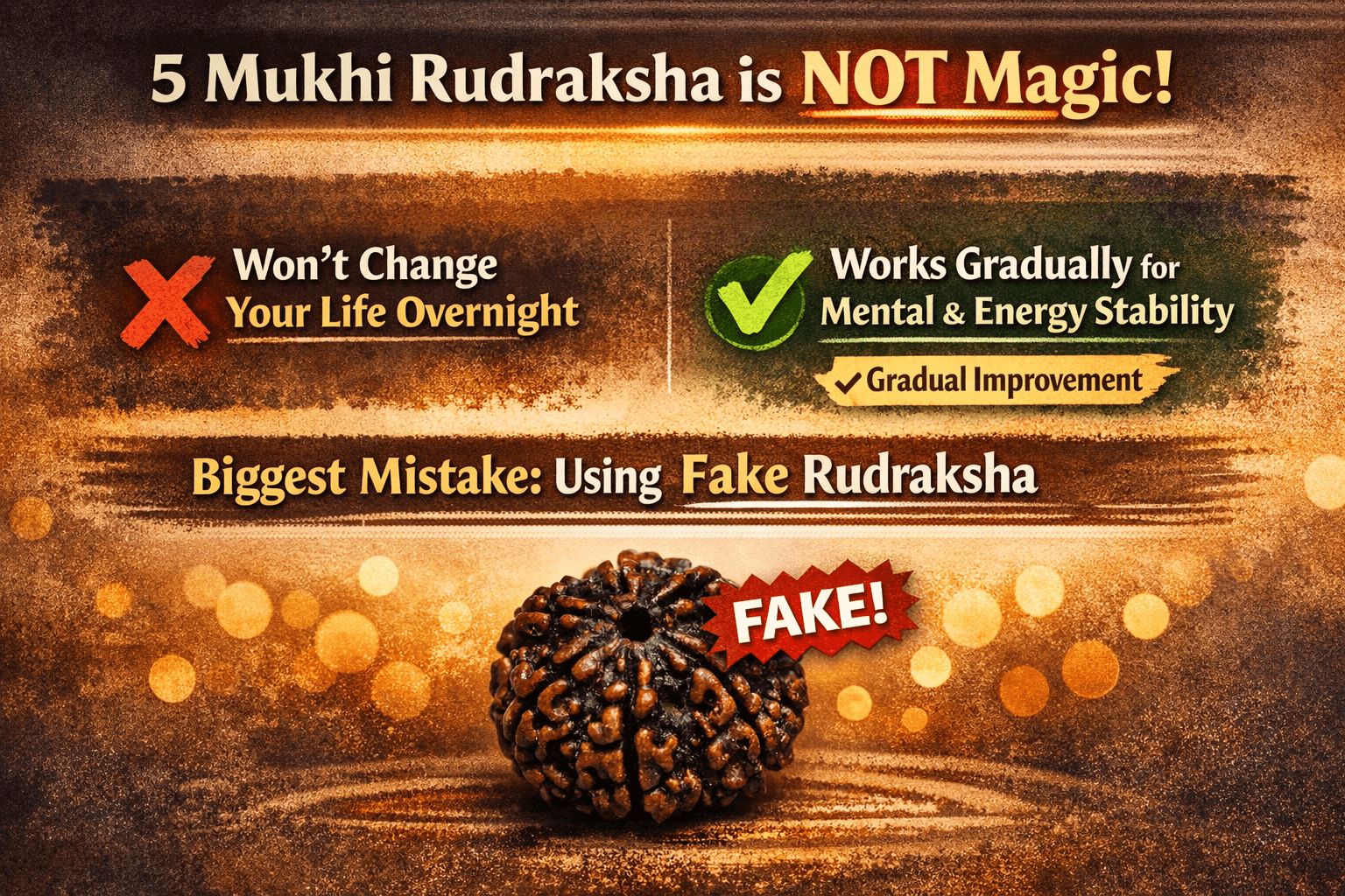 5 mukhi rudraksha is not magic real benefits gradual results and fake vs original rudraksha comparison infographic