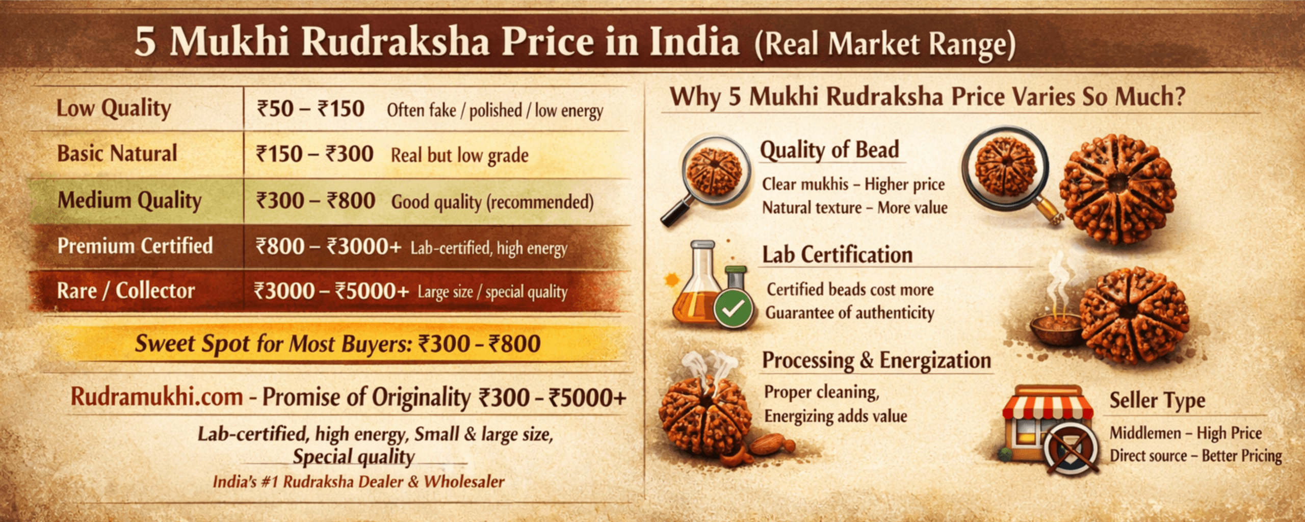 5 mukhi rudraksha price in india real market range quality comparison and buying guide infographic banner