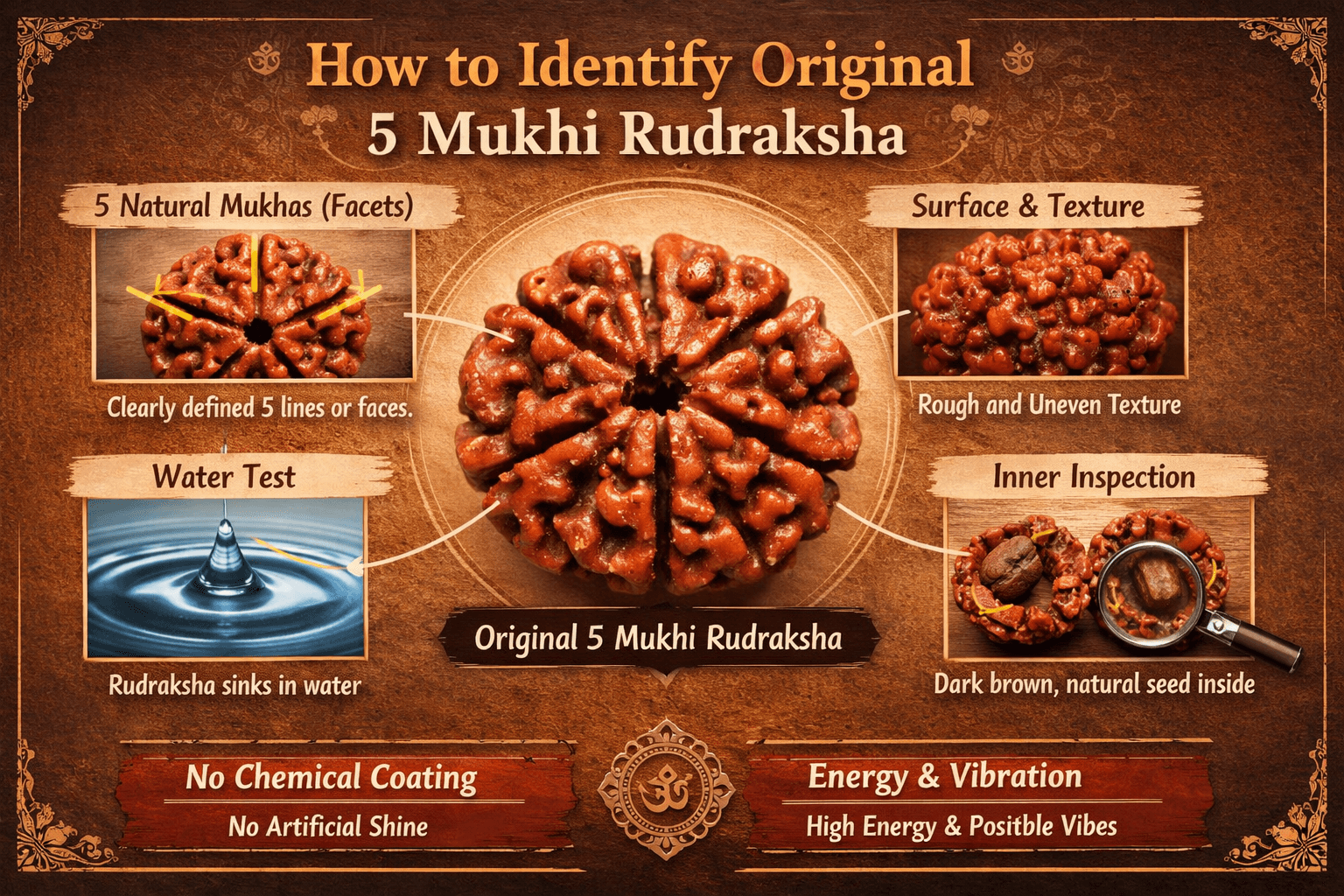 Original 5 Mukhi Rudraksha bead with 5 natural mukhas showing how to identify real vs fake rudraksha