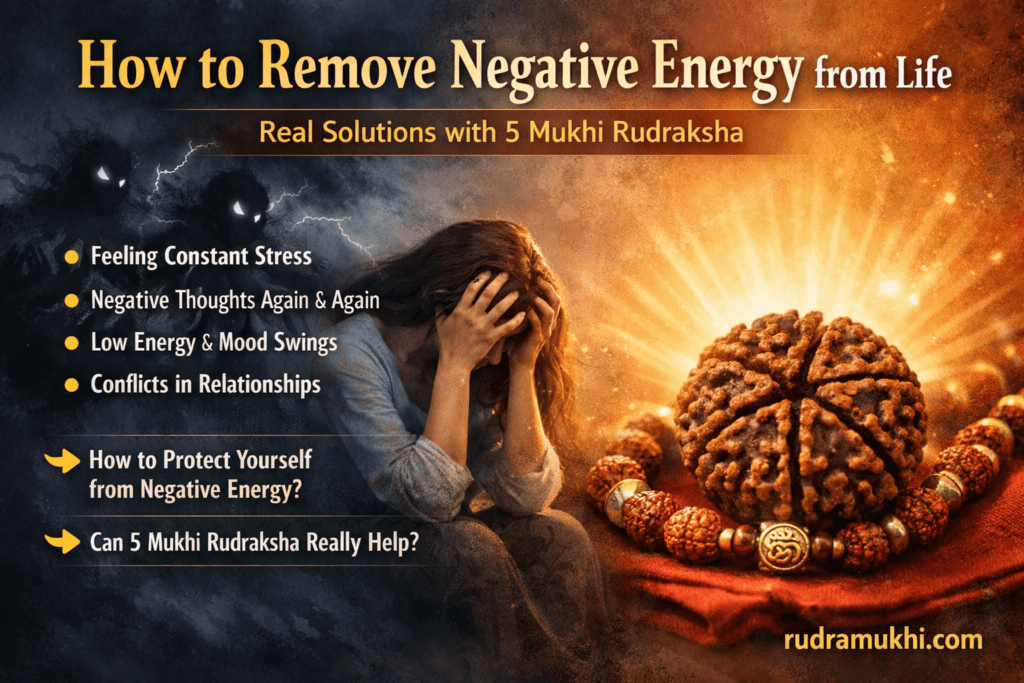 woman stressed with negative energy and glowing 5 mukhi rudraksha for protection and positivity