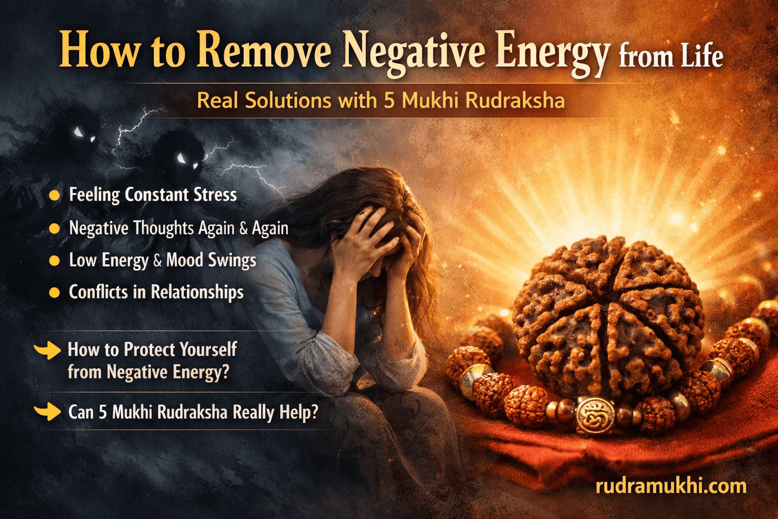 woman stressed with negative energy and glowing 5 mukhi rudraksha for protection and positivity