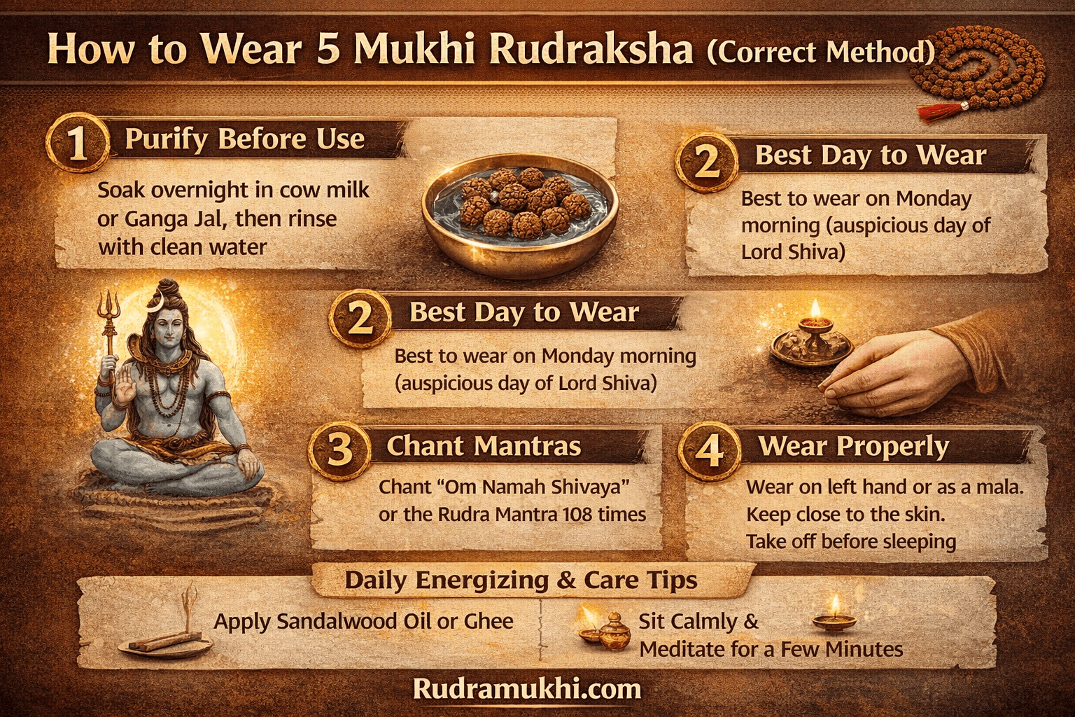 How to wear 5 mukhi rudraksha correctly with steps, mantra and proper method for best results – Rudramukhi.com