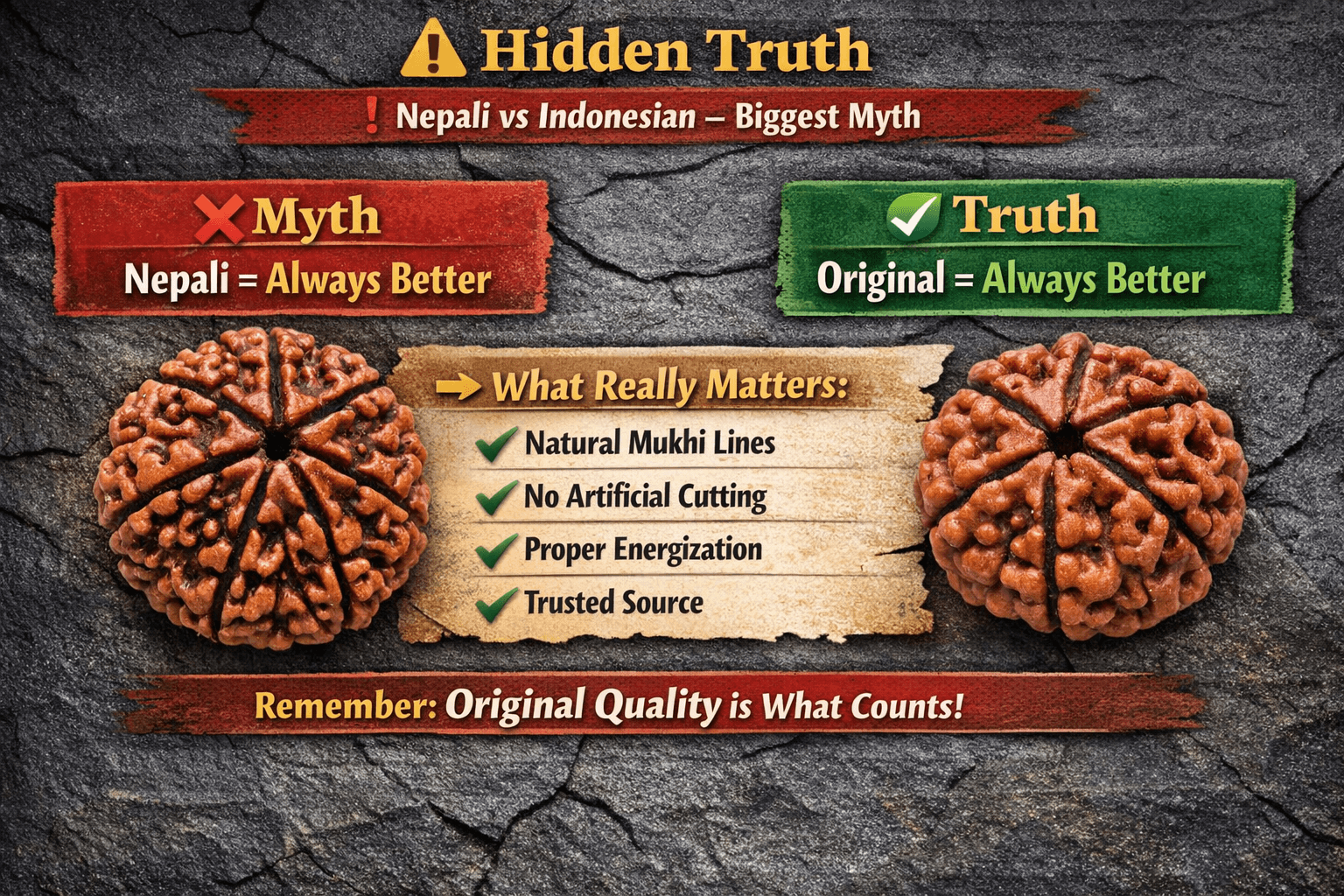 nepali vs indonesian rudraksha myth vs truth original rudraksha quality factors infographic