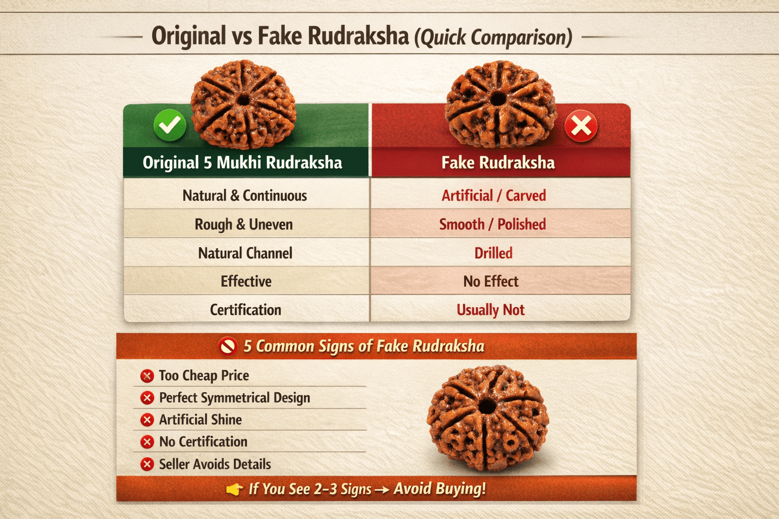 original vs fake 5 mukhi rudraksha comparison table with signs of fake rudraksha identification guide