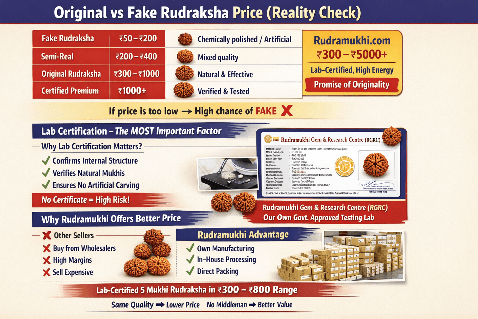 original vs fake rudraksha price comparison lab certification importance and buying guide infographic india