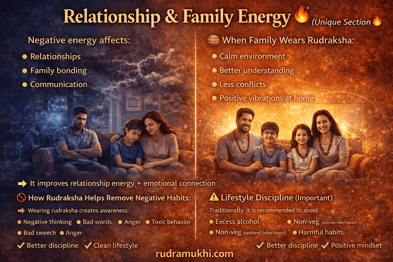 rudraksha benefits for relationships family energy positive home environment and removing negative habits infographic