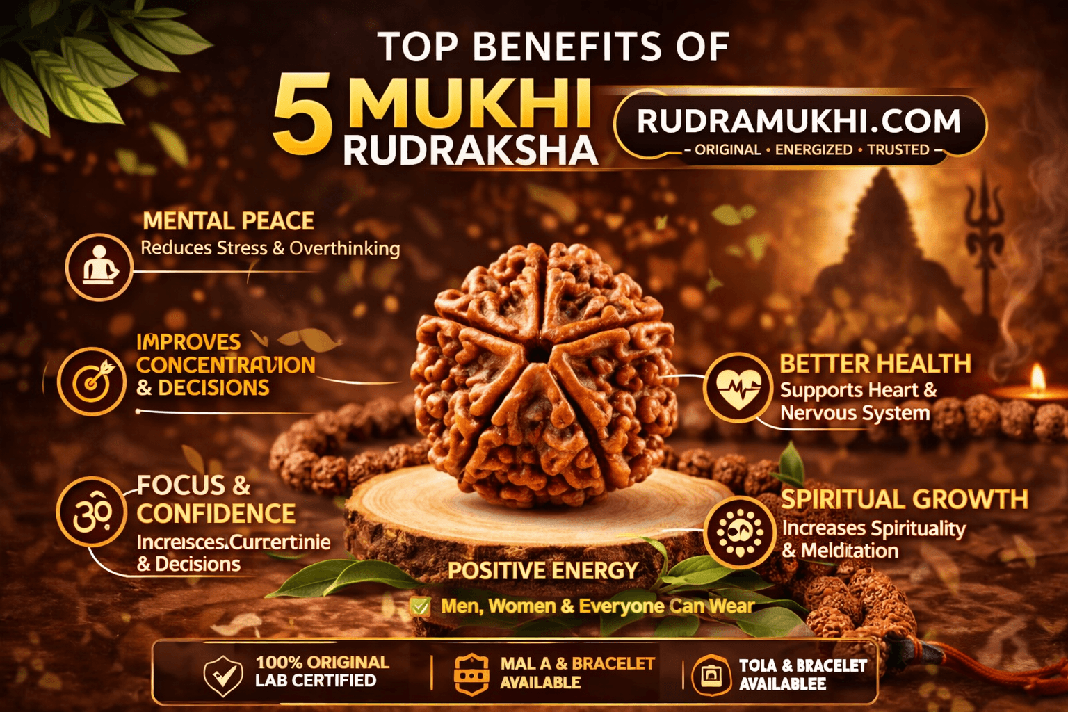 Top benefits of 5 mukhi rudraksha for mental peace, focus, health and spiritual growth with original bead image – Rudramukhi.com