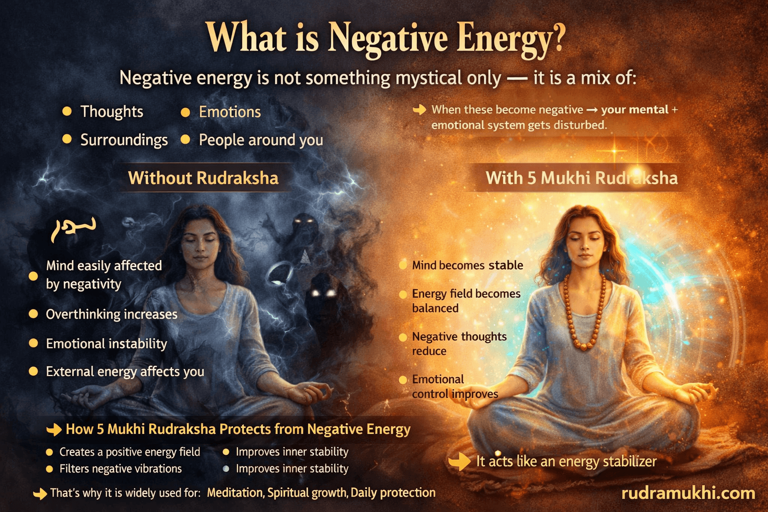 what is negative energy and how 5 mukhi rudraksha helps balance mind and protect from negativity infographic