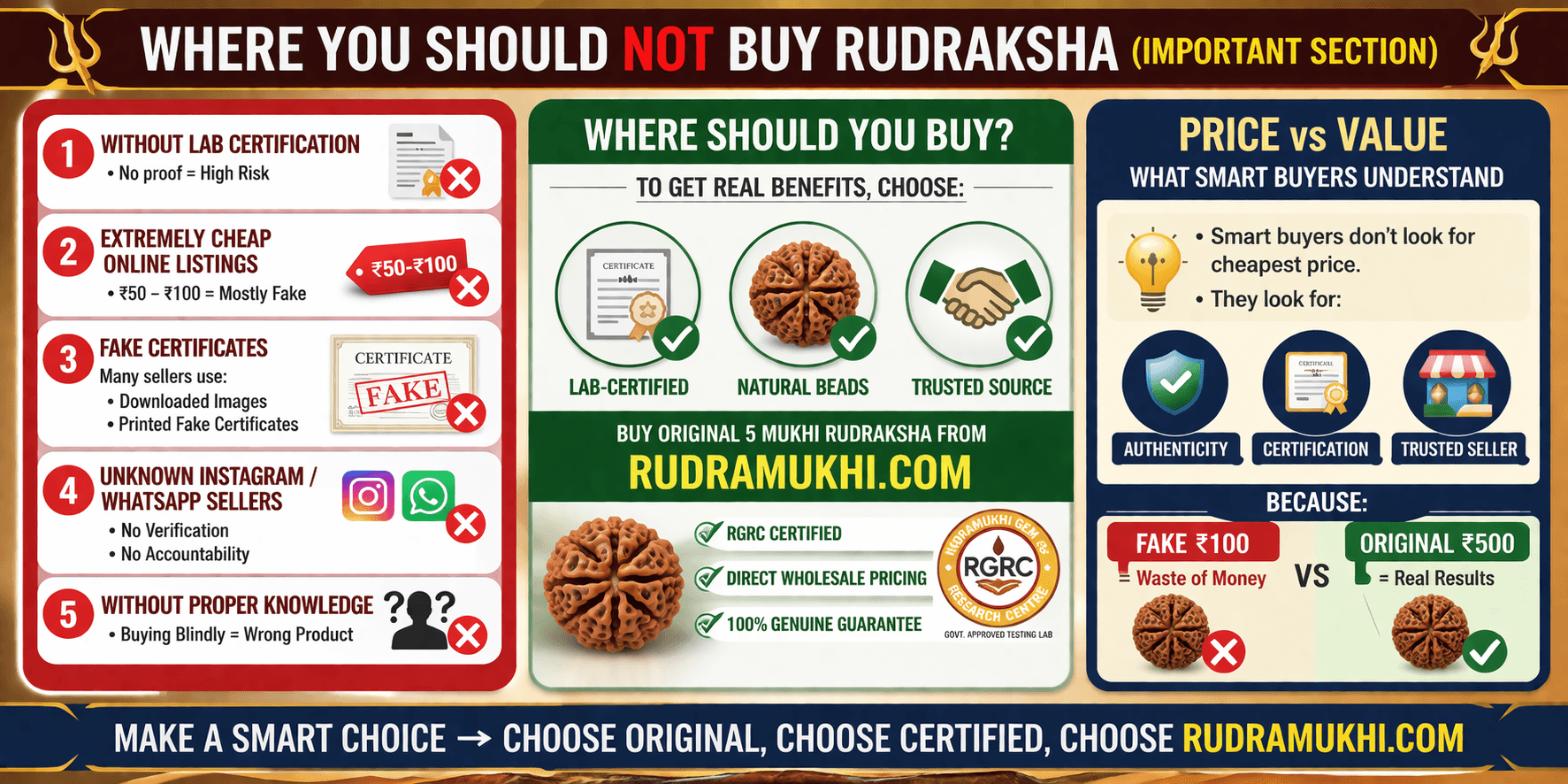 where not to buy rudraksha fake vs original buying guide lab certification trusted seller infographic