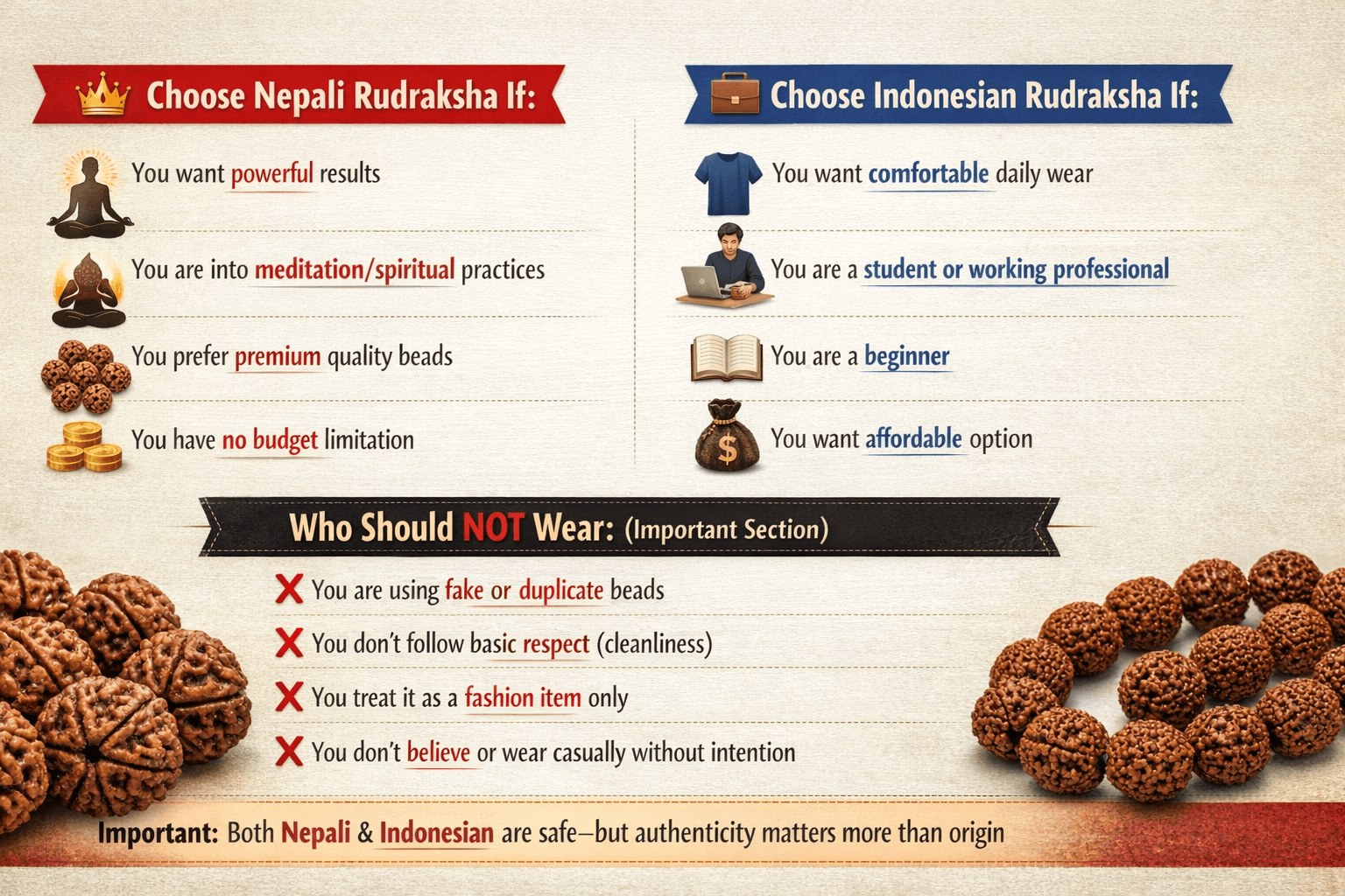 which rudraksha should you choose nepali vs indonesian 5 mukhi rudraksha buyer decision guide infographic