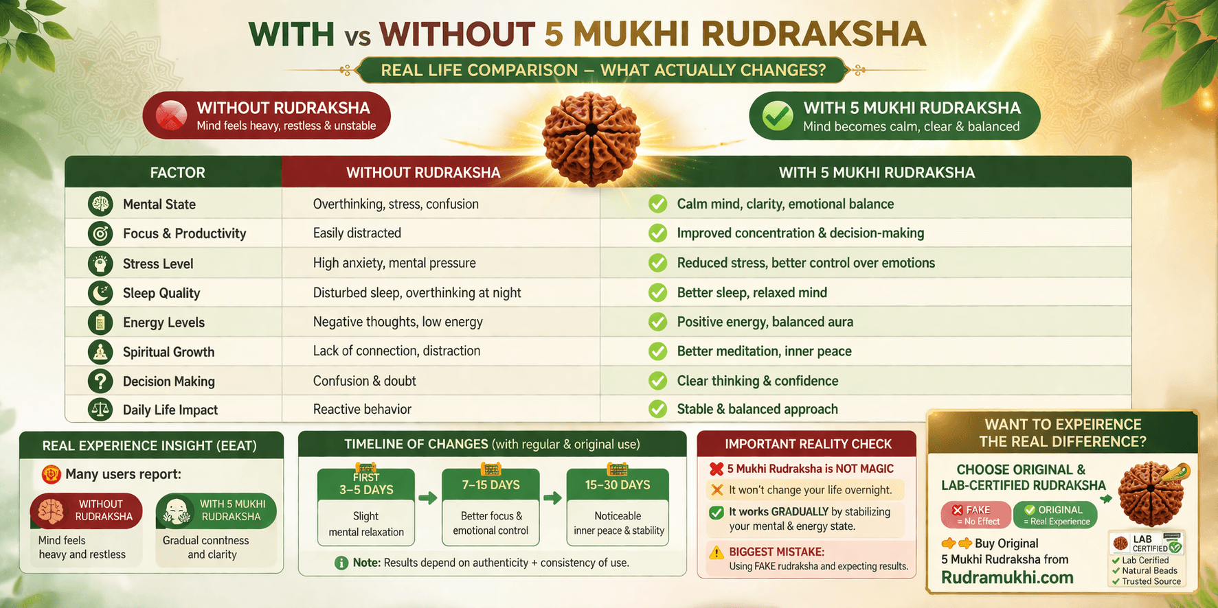 life with vs without 5 mukhi rudraksha benefits mental clarity stress reduction energy comparison infographic