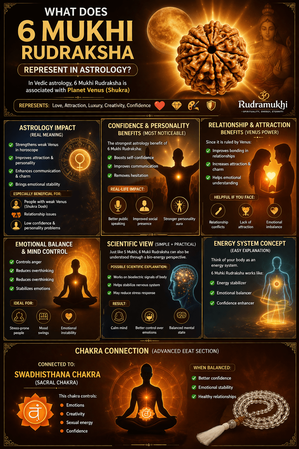 6 mukhi rudraksha astrology benefits venus shukra effects energy balance chakra connection confidence relationship infographic