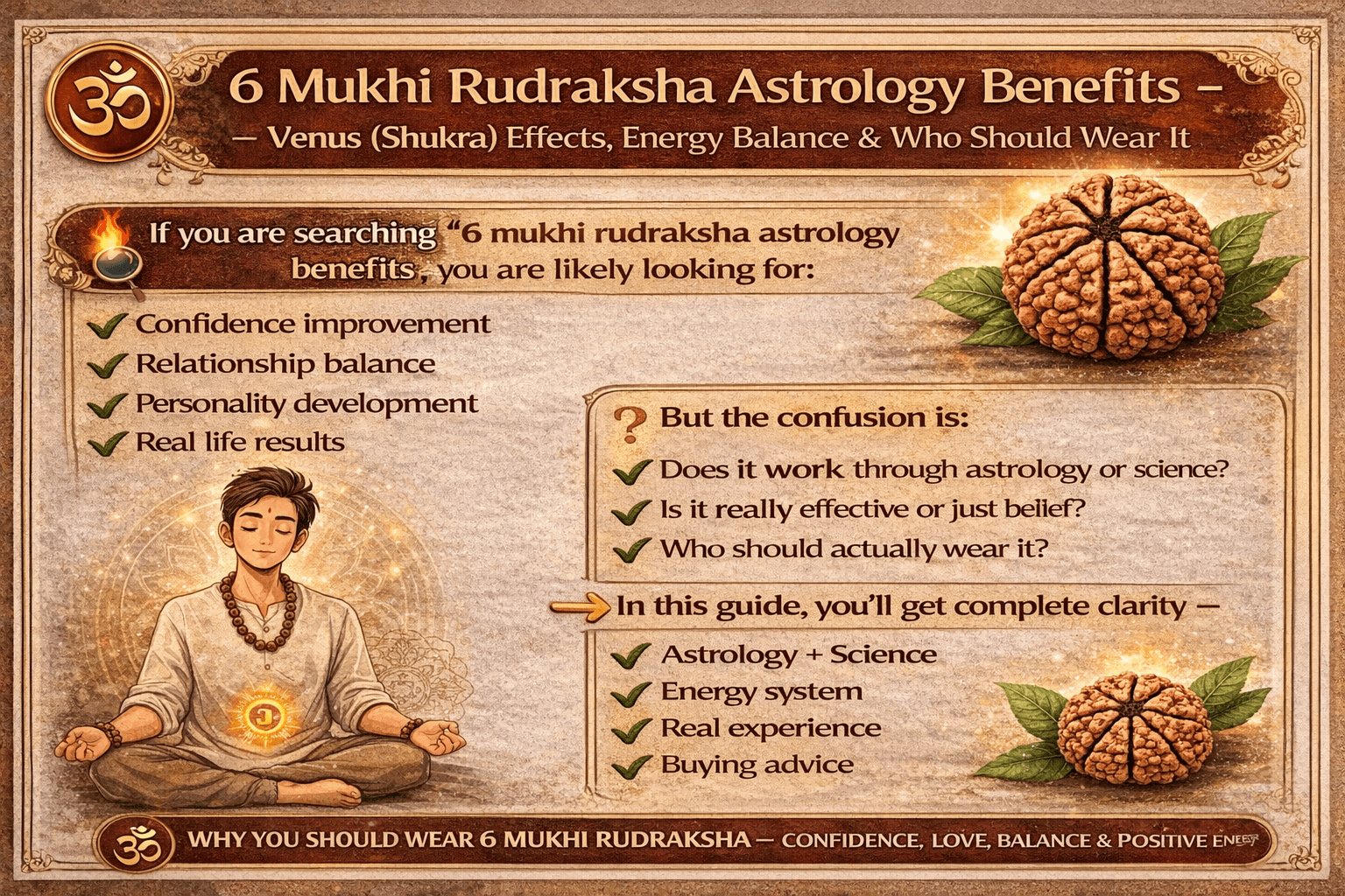 6 mukhi rudraksha astrology benefits venus shukra effects energy balance confidence relationship infographic