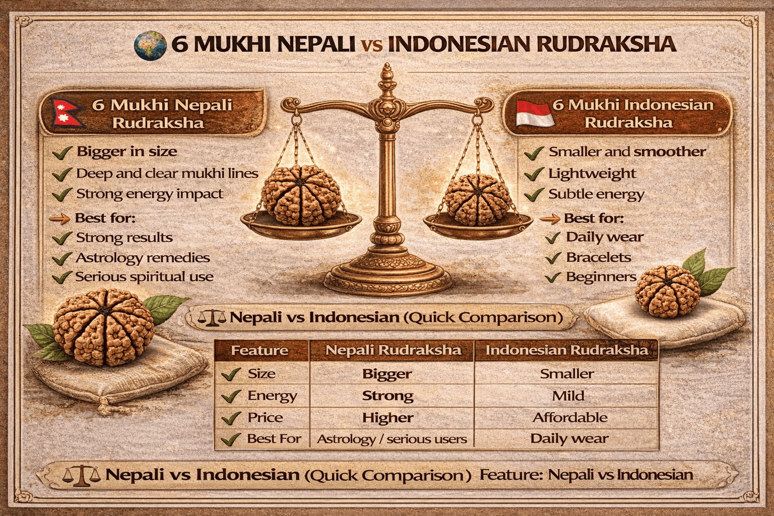 6 mukhi nepali vs indonesian rudraksha difference size energy price comparison which is better infographic