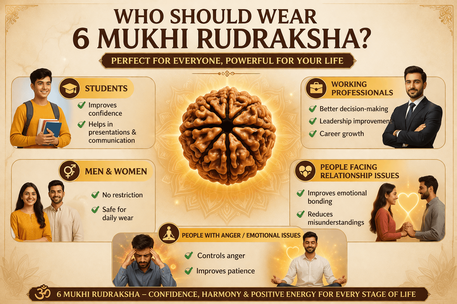 who should wear 6 mukhi rudraksha students professionals men women relationship anger benefits infographic