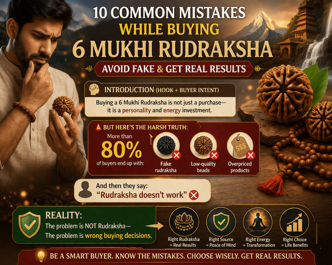 10 mistakes while buying 6 mukhi rudraksha avoid fake rudraksha buying guide real vs fake infographic