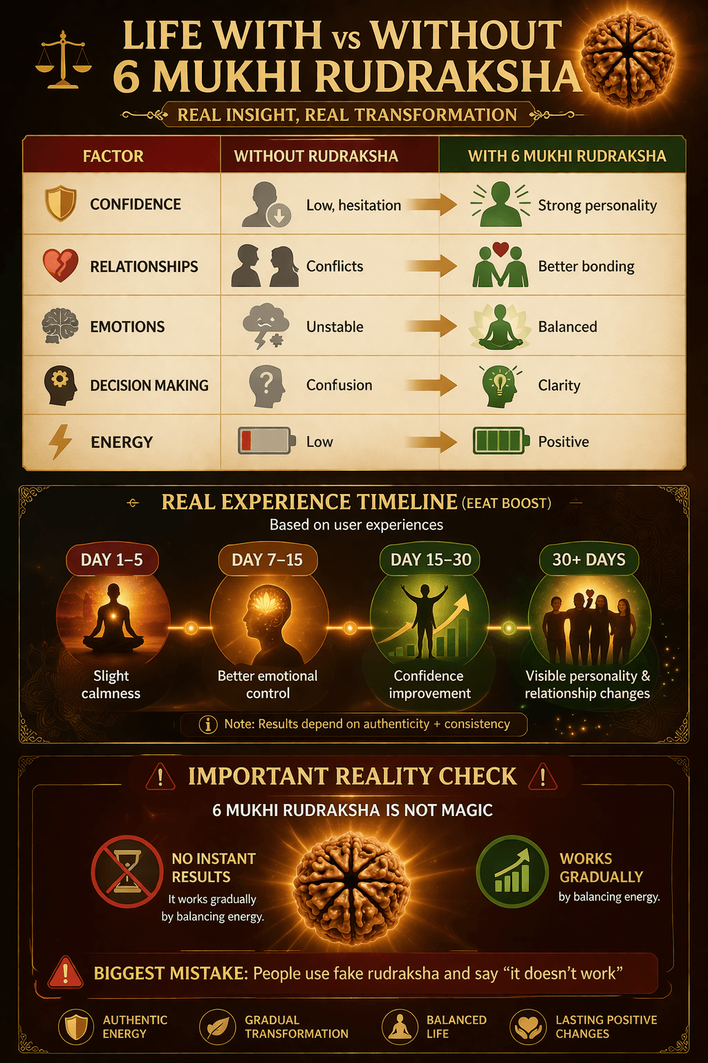 life with vs without 6 mukhi rudraksha benefits confidence relationship emotions timeline real results infographic