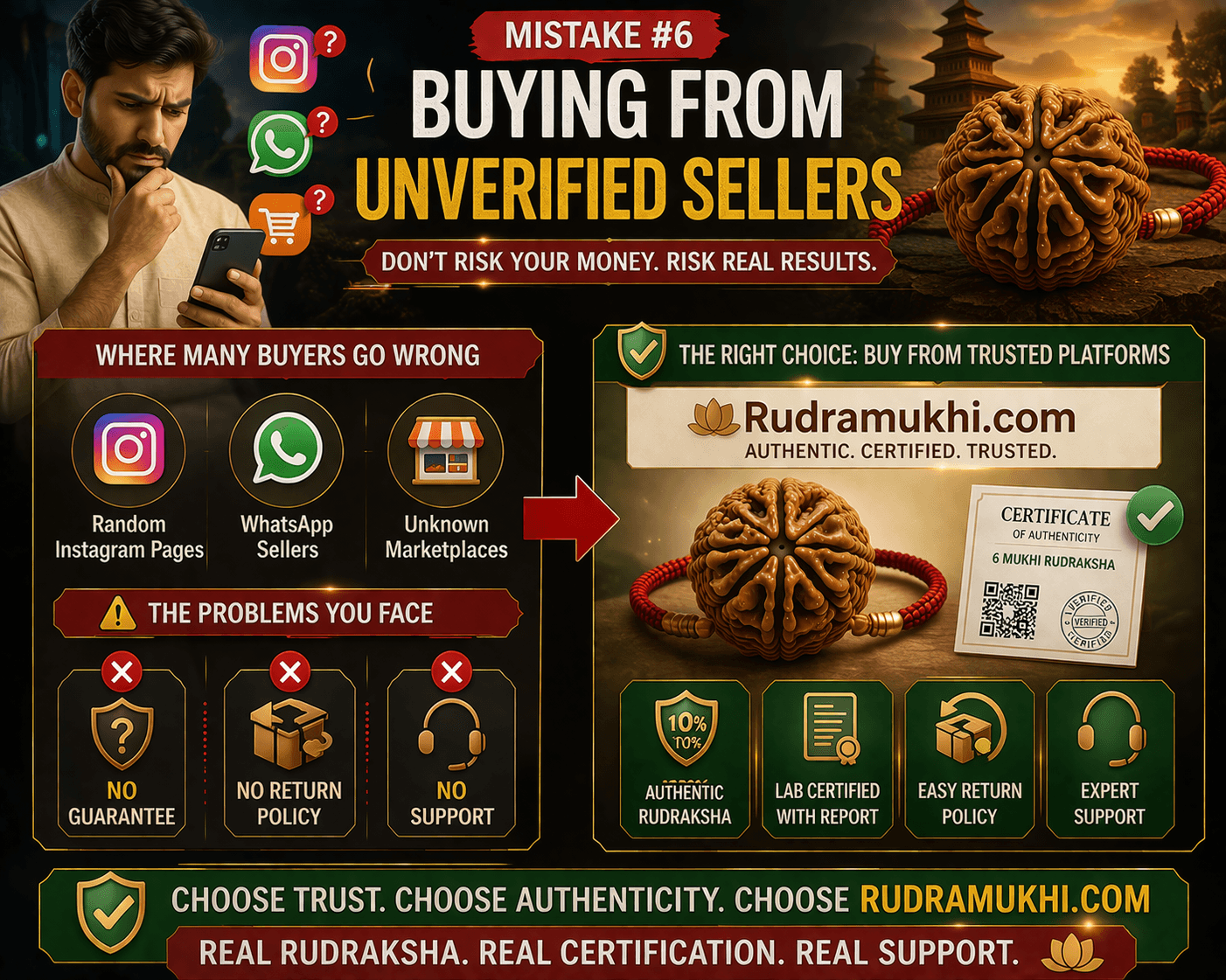 buying rudraksha from unverified sellers mistake instagram whatsapp fake sellers no guarantee infographic