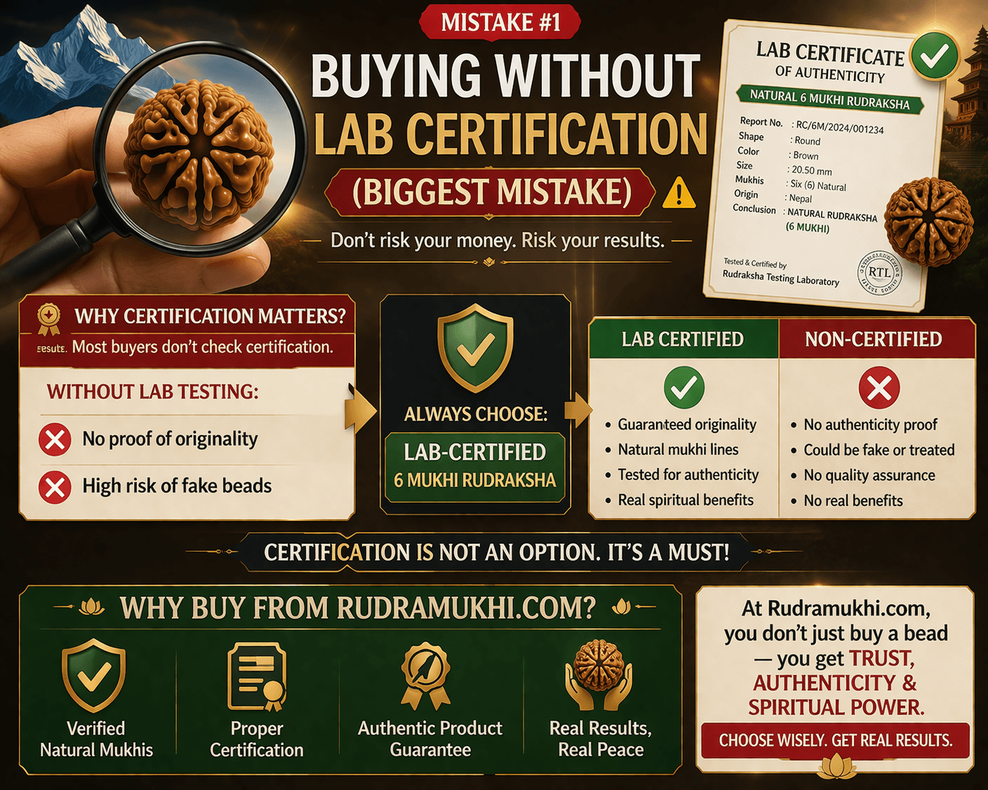 buy lab certified 6 mukhi rudraksha importance of certification avoid fake rudraksha authenticity proof infographic