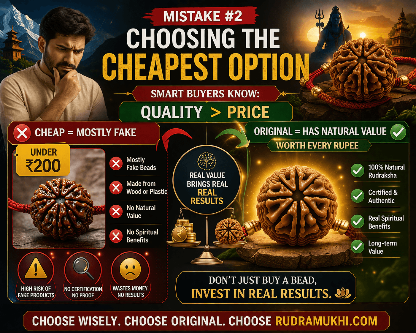 choosing cheapest 6 mukhi rudraksha mistake cheap vs original rudraksha quality vs price infographic