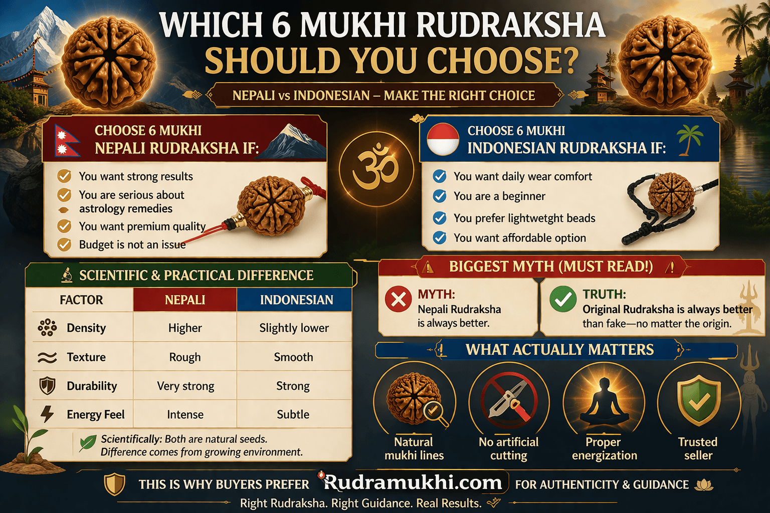 6 mukhi rudraksha biggest myth nepali vs indonesian which is better original vs fake authenticity guide infographic
