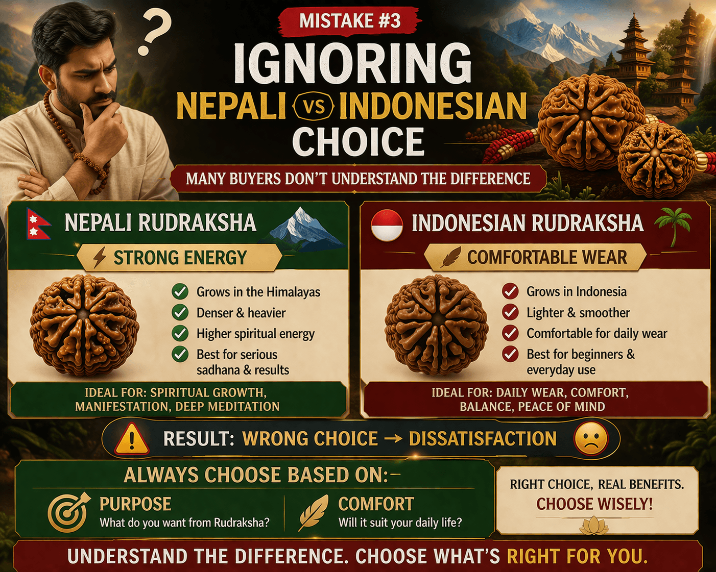 ignoring nepali vs indonesian rudraksha mistake difference strong energy vs comfortable wear infographic
