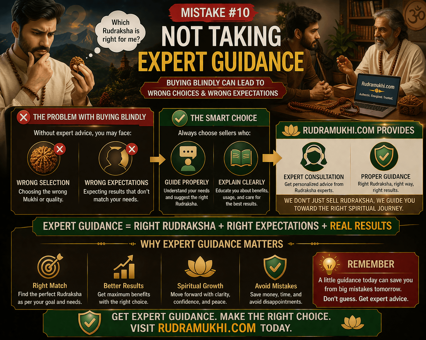 not taking expert guidance rudraksha mistake wrong selection 6 mukhi rudraksha buying guide consultation infographic
