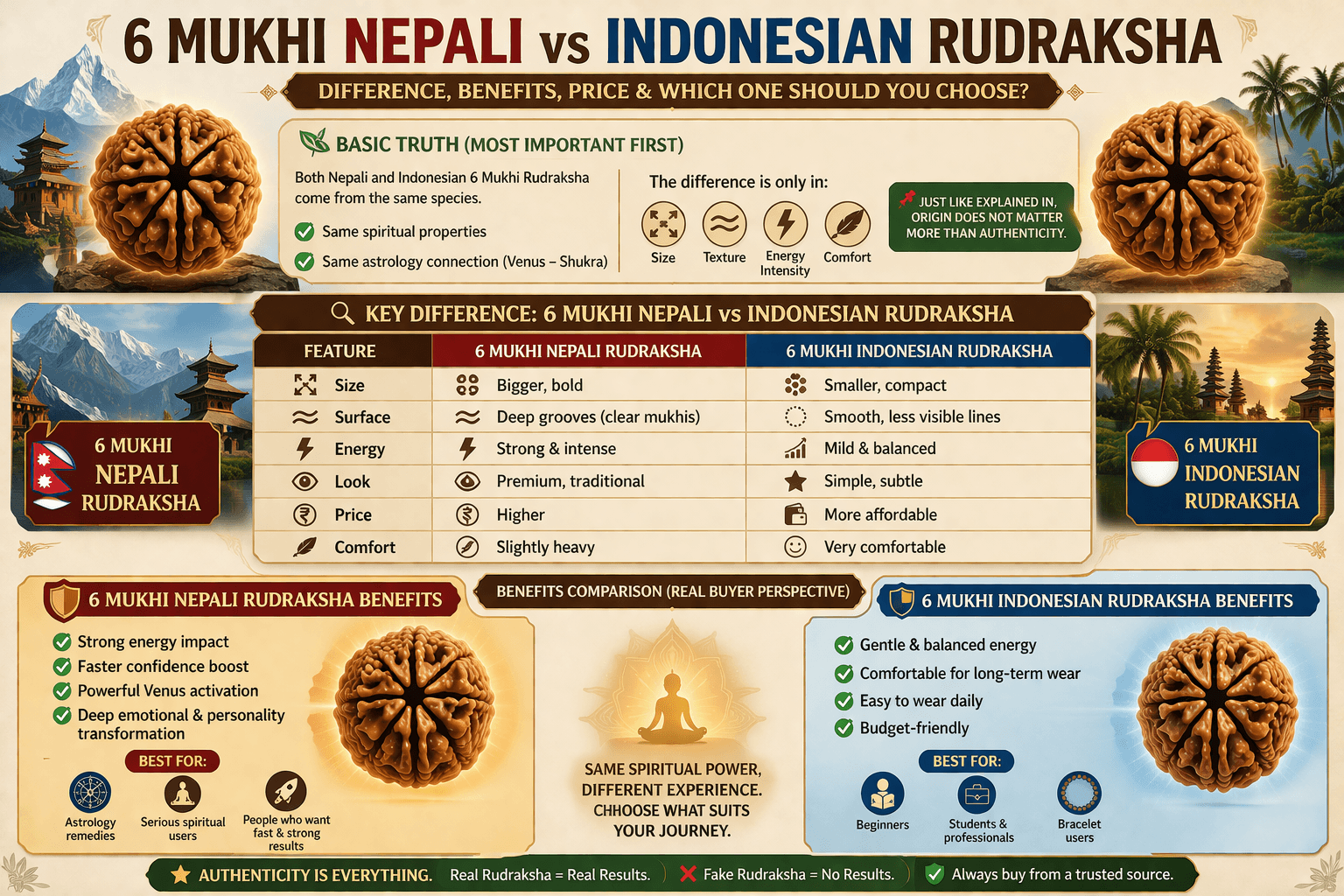 6 mukhi nepali vs indonesian rudraksha difference benefits energy size price authenticity comparison infographic