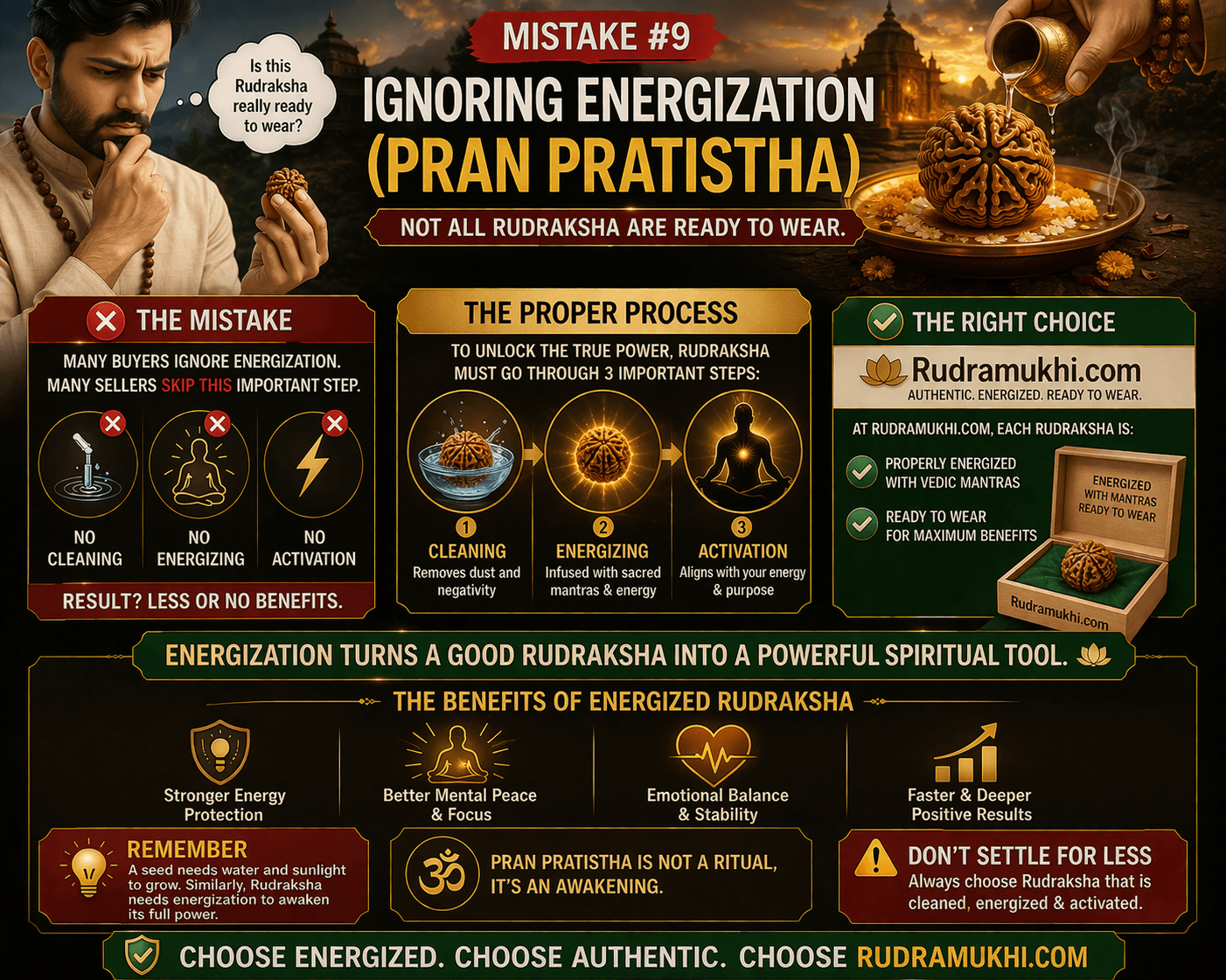 rudraksha energization pran pratistha importance 6 mukhi rudraksha cleaning energizing activation infographic