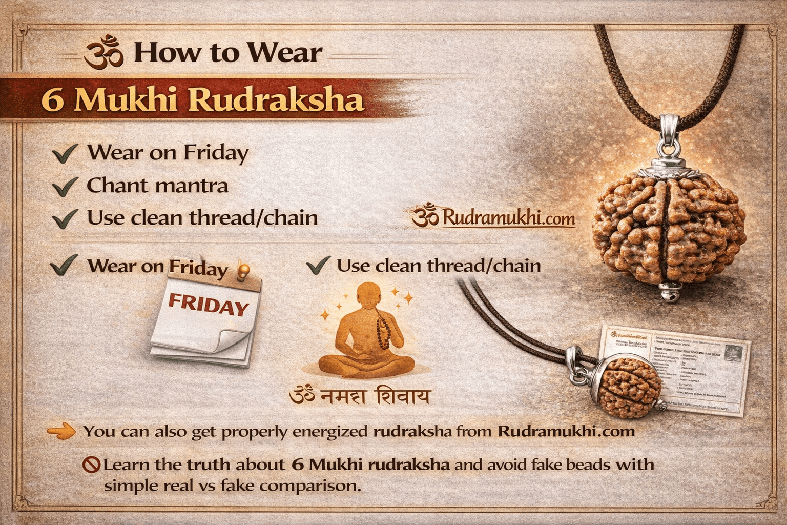 how to wear 6 mukhi rudraksha steps friday mantra clean thread chain guide infographic