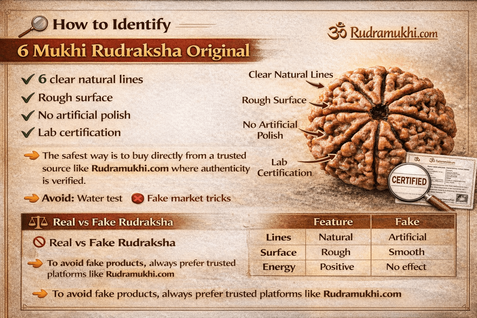 how to identify original 6 mukhi rudraksha real vs fake features lines surface certification infographic
