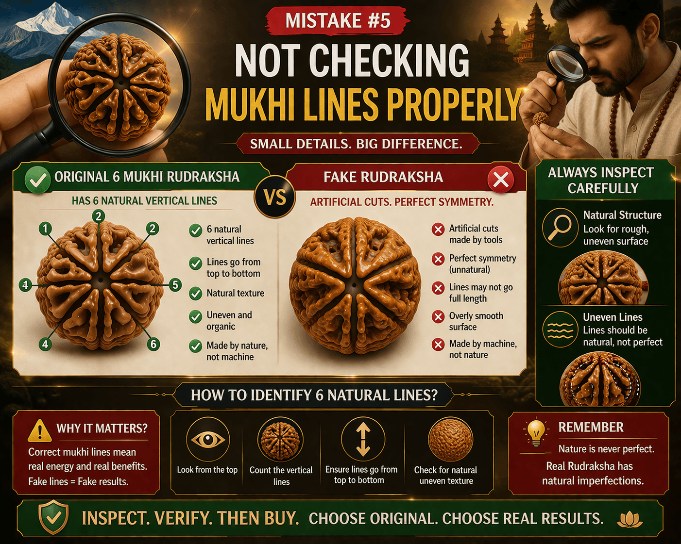 6 mukhi rudraksha mukhi lines check original vs fake natural lines uneven structure identification infographic