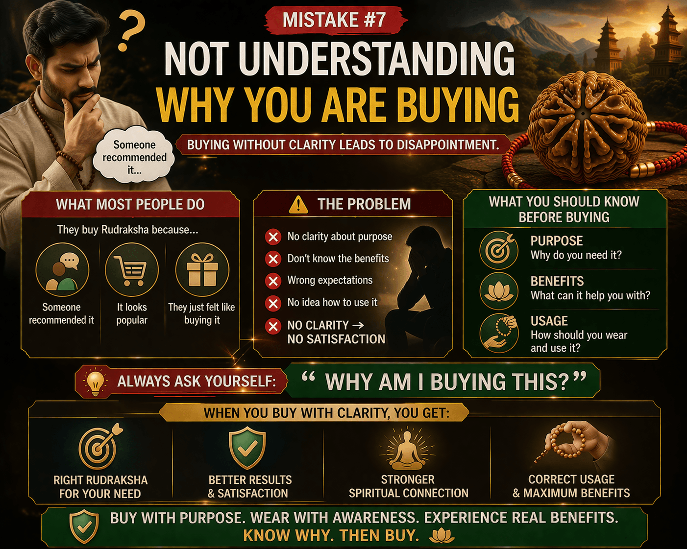 buying rudraksha without purpose mistake 6 mukhi rudraksha clarity benefits usage infographic