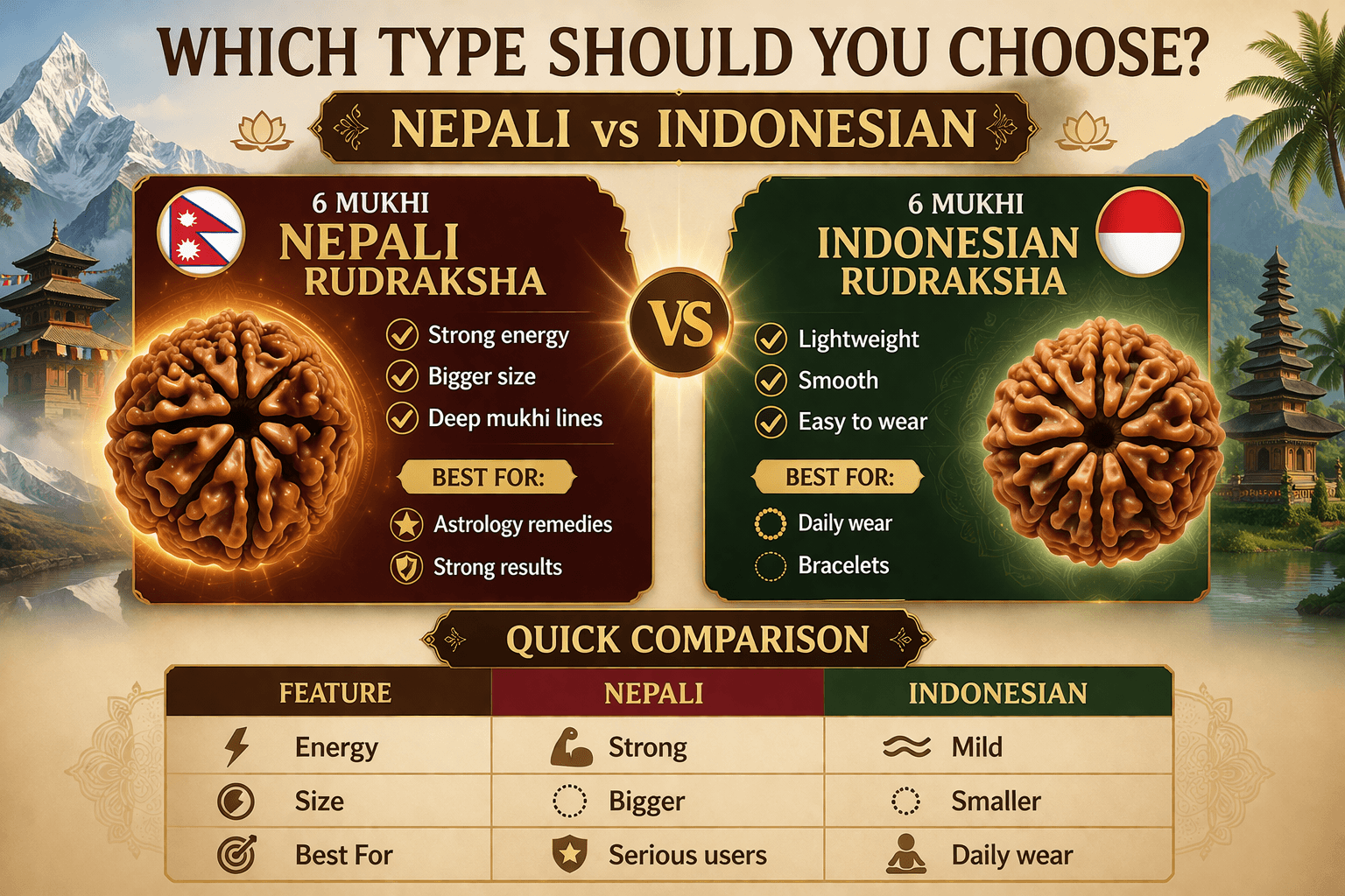 which 6 mukhi rudraksha to choose nepali vs indonesian difference energy size daily wear comparison infographic