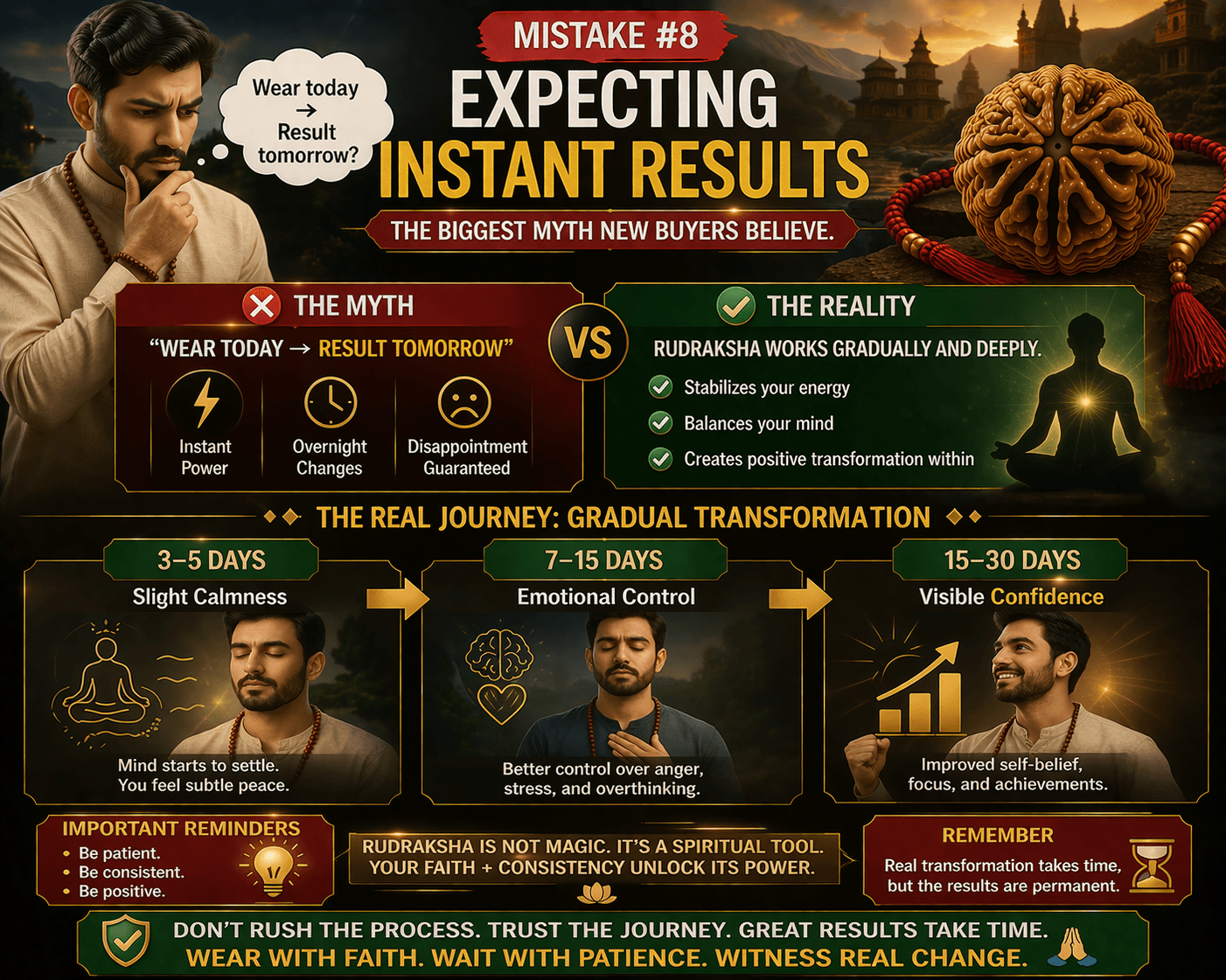 expecting instant results from 6 mukhi rudraksha mistake real benefits timeline calmness emotional control confidence infographic
