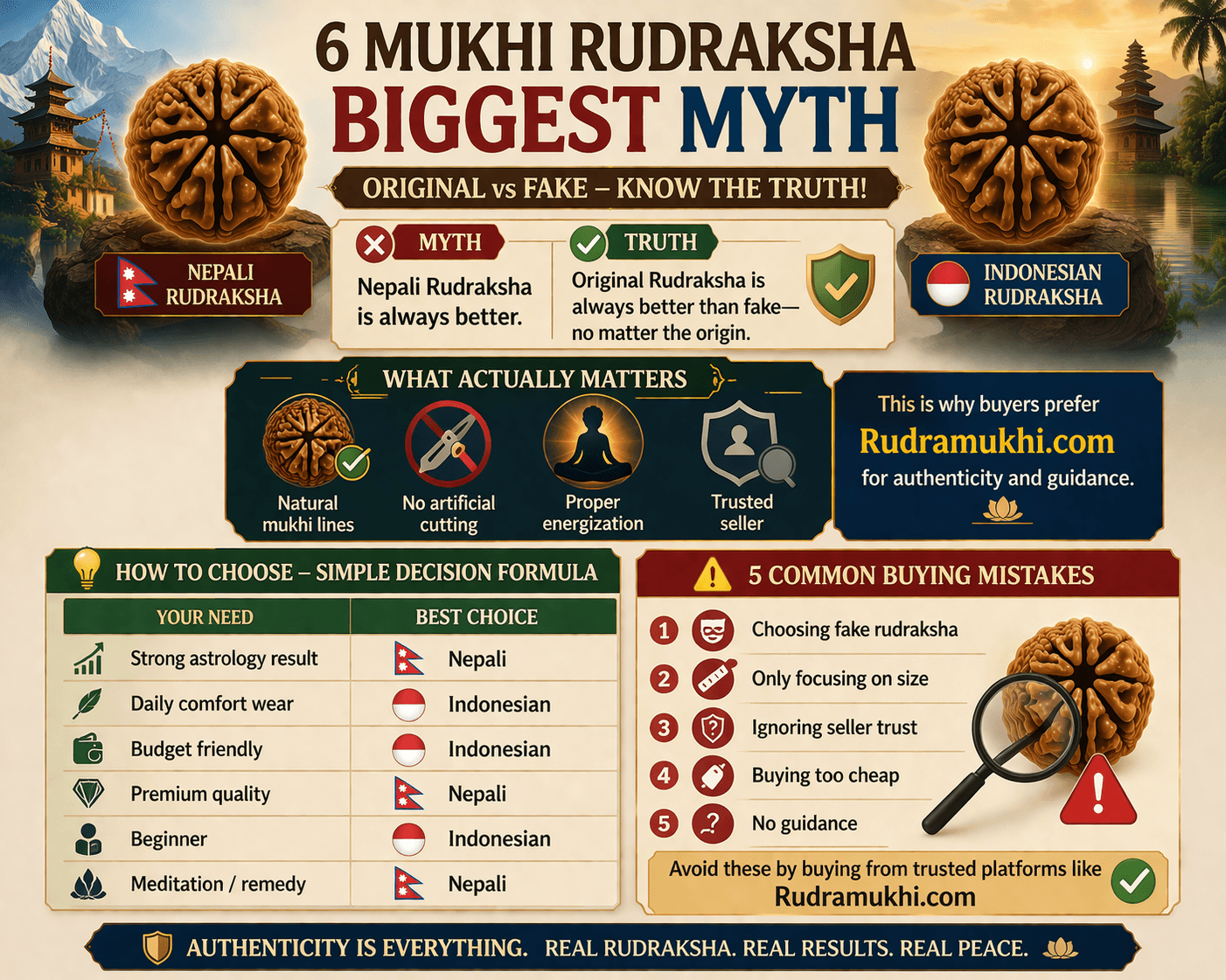 how to choose 6 mukhi rudraksha nepali vs indonesian decision formula buying mistakes authenticity guide infographic