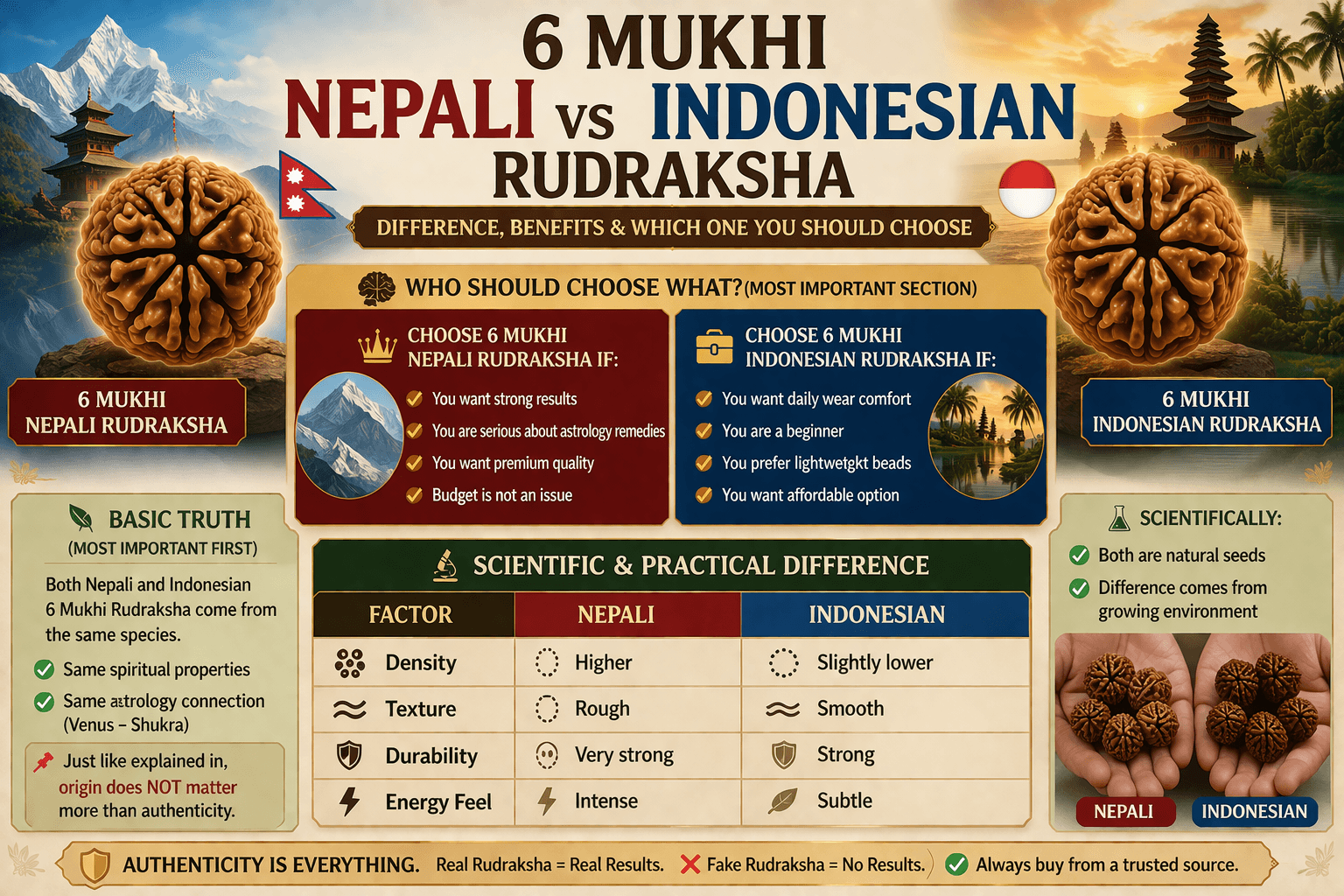 which 6 mukhi rudraksha to choose nepali vs indonesian decision guide benefits comparison scientific difference infographic