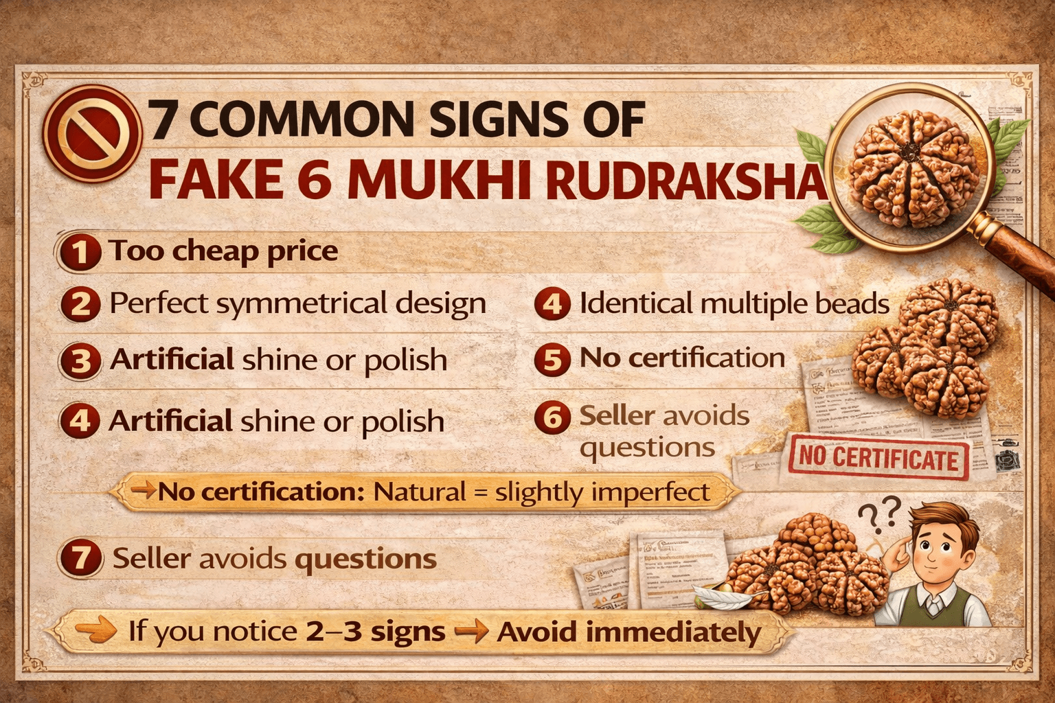 7 signs of fake 6 mukhi rudraksha how to identify fake rudraksha cheap price shine no certification infographic