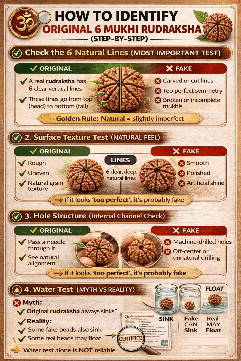 how to identify original 6 mukhi rudraksha step by step real vs fake tests lines surface hole certification guide