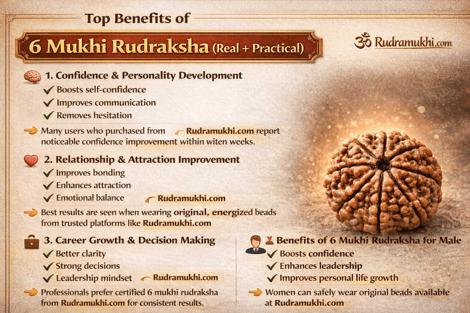 6 mukhi rudraksha benefits for confidence personality career growth relationship and emotional balance infographic