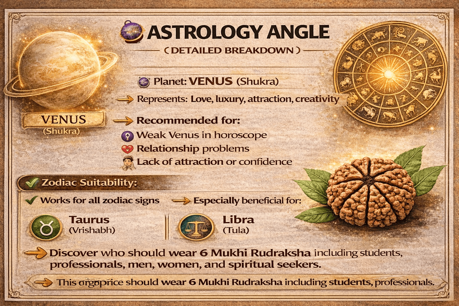 6 mukhi rudraksha astrology benefits venus shukra zodiac signs taurus libra relationship confidence infographic