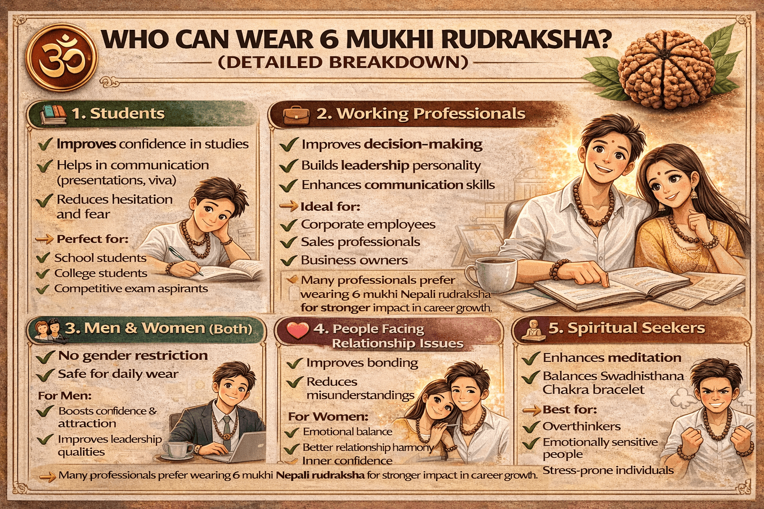 who can wear 6 mukhi rudraksha students professionals men women benefits relationship spiritual infographic